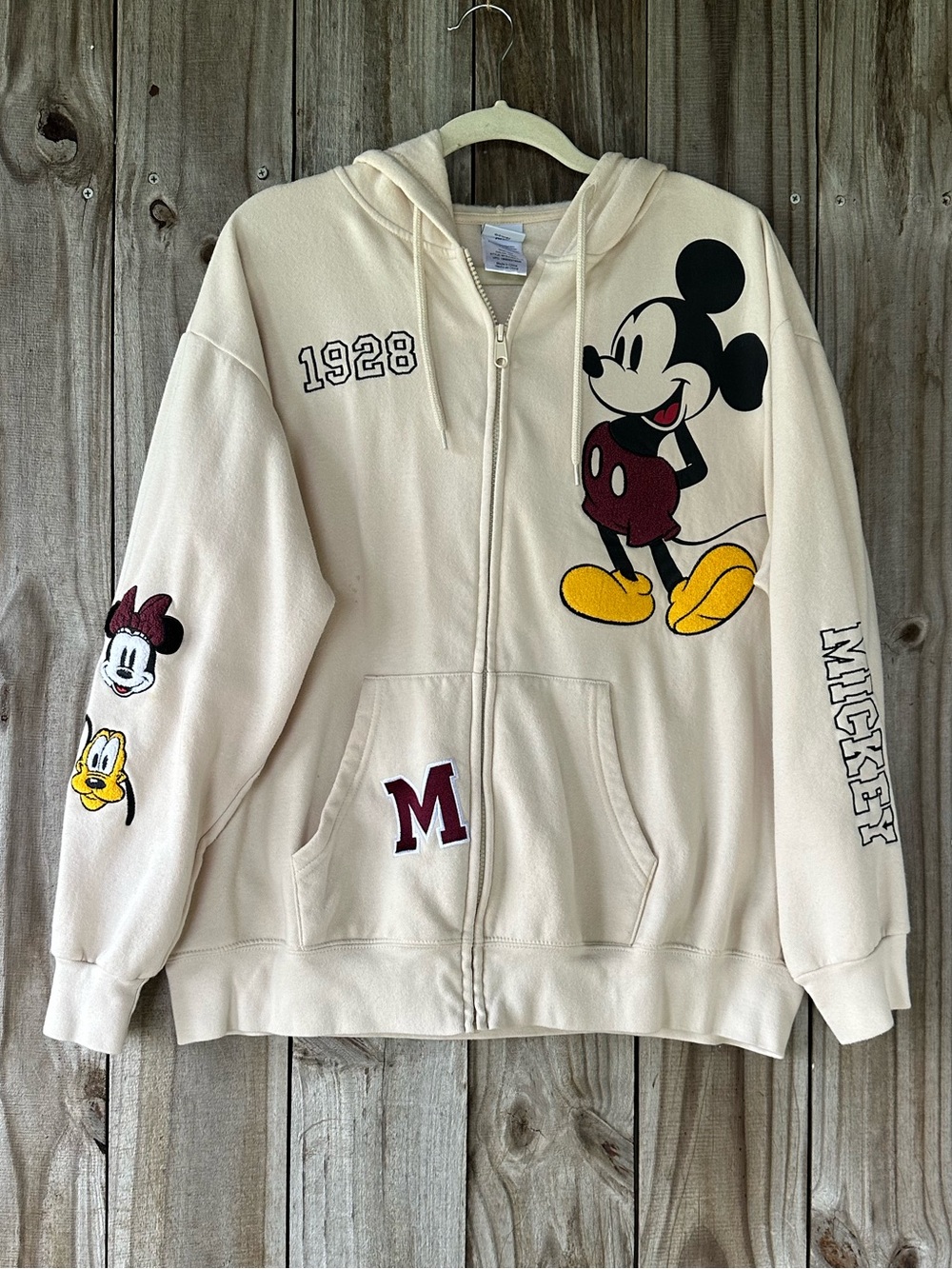 Disney Mickey Mouse Ivory Chenille Patch Zip-Up Hoodie Women’s Size XXL